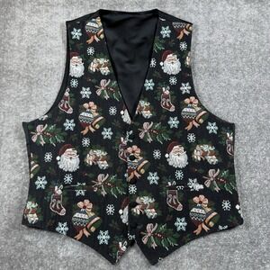 Desmonds Christmas Tapestry Vest Women's Large Black Santa Buckle‎ Back